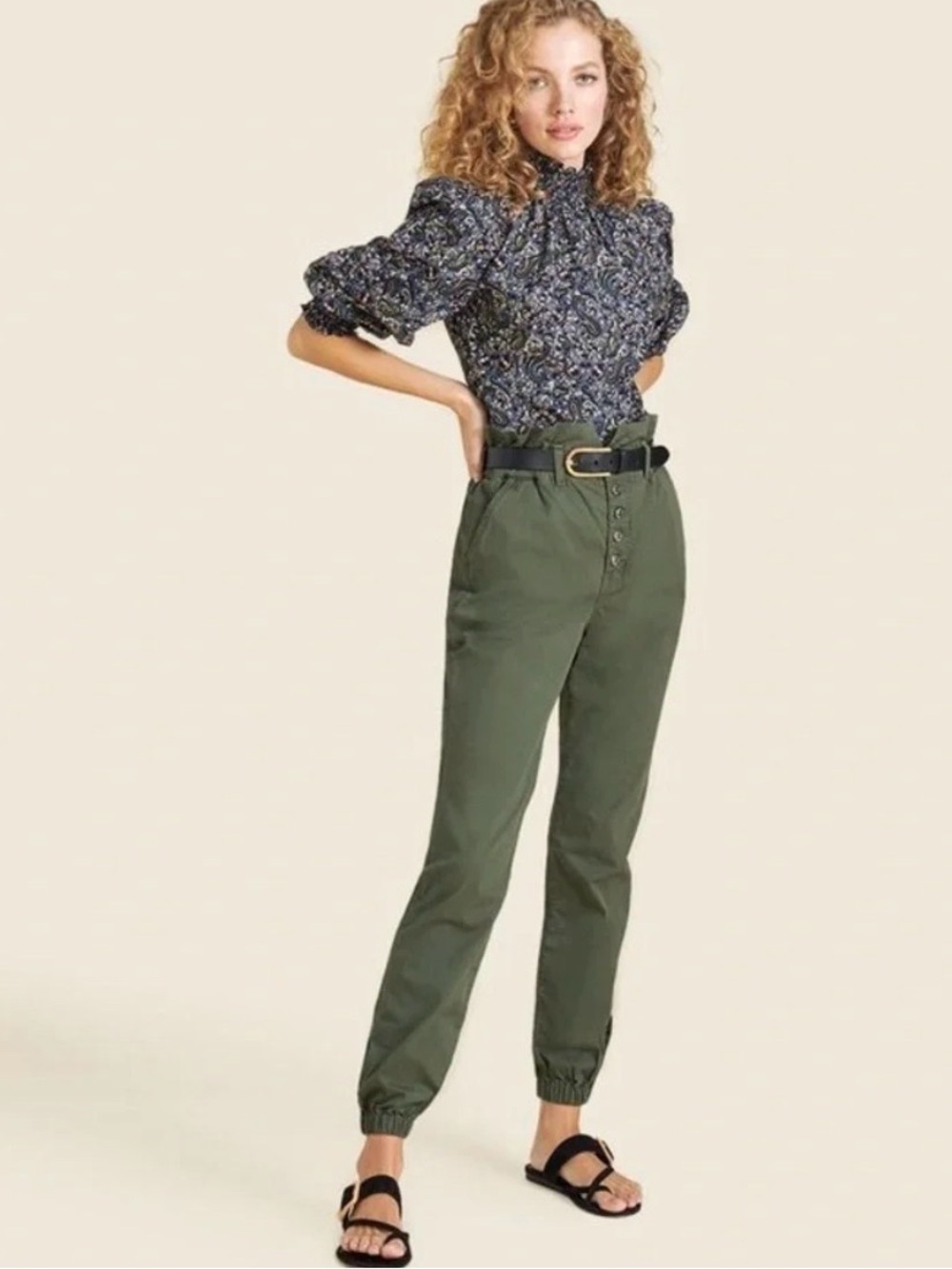 VERONICA BEARD 27/4 Tedi Elastic Waist Paperbag Jogger Pants in army green